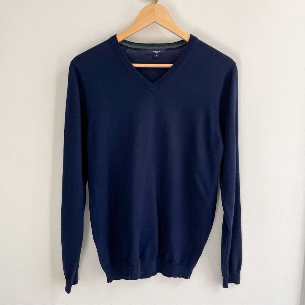 Rochas Paris Men's V Neck Classic Wool Blend Pullover Sweater Navy Blue S